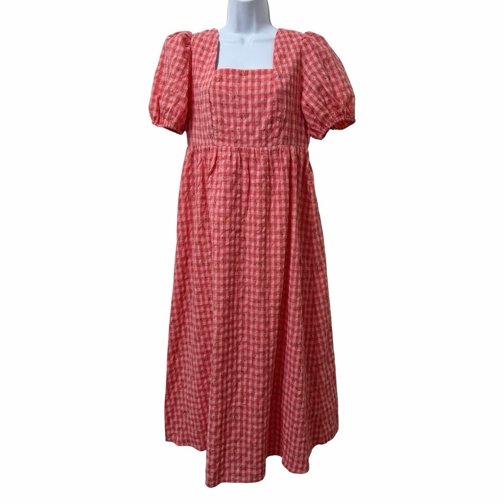 Roolee Seersucker Gingham Puff Sleeve Midi Dress Size M Pink Smocked Modest NEW